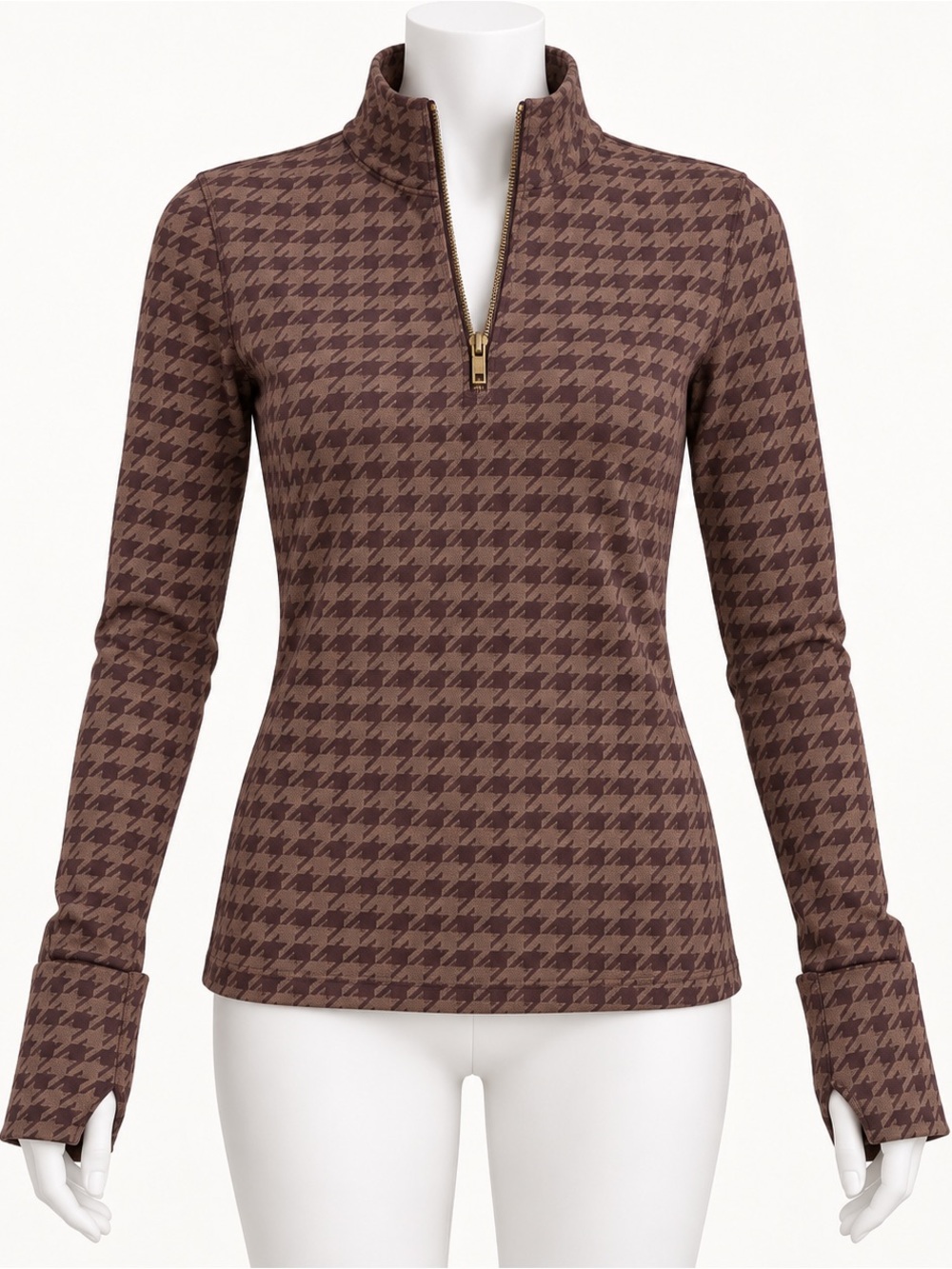 RHONE Brown Houndstooth Quarter-Zip Long Sleeve Top